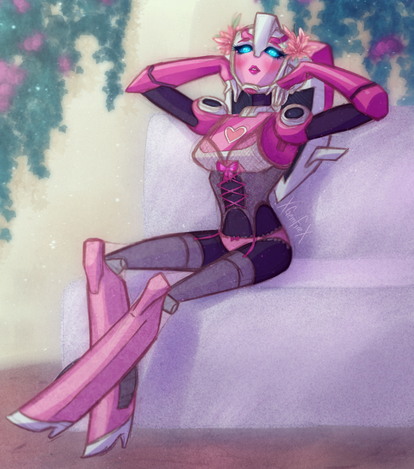 1girl, arcee, autobot, blue_eyes, blush, corset, hair_flowers, high_heels