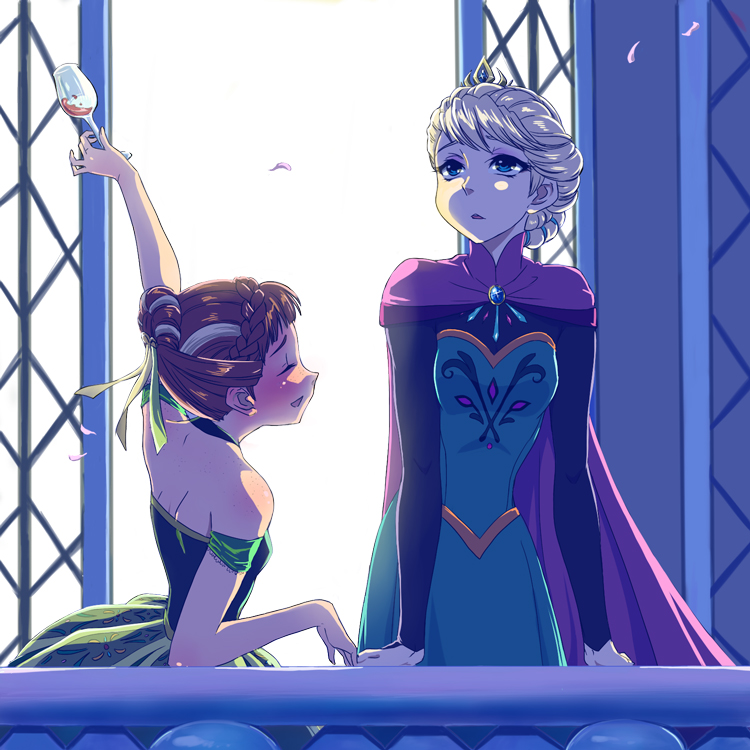 2girls, anna_(frozen), bare_shoulders, blonde_hair, blue_eyes, cape, closed_eyes, cup
