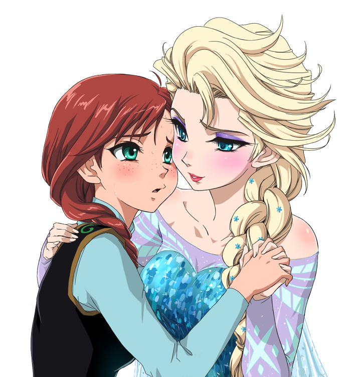 2girls, anna_(frozen), aqua_eyes, bare_shoulders, blonde_hair, blush, braid, disney