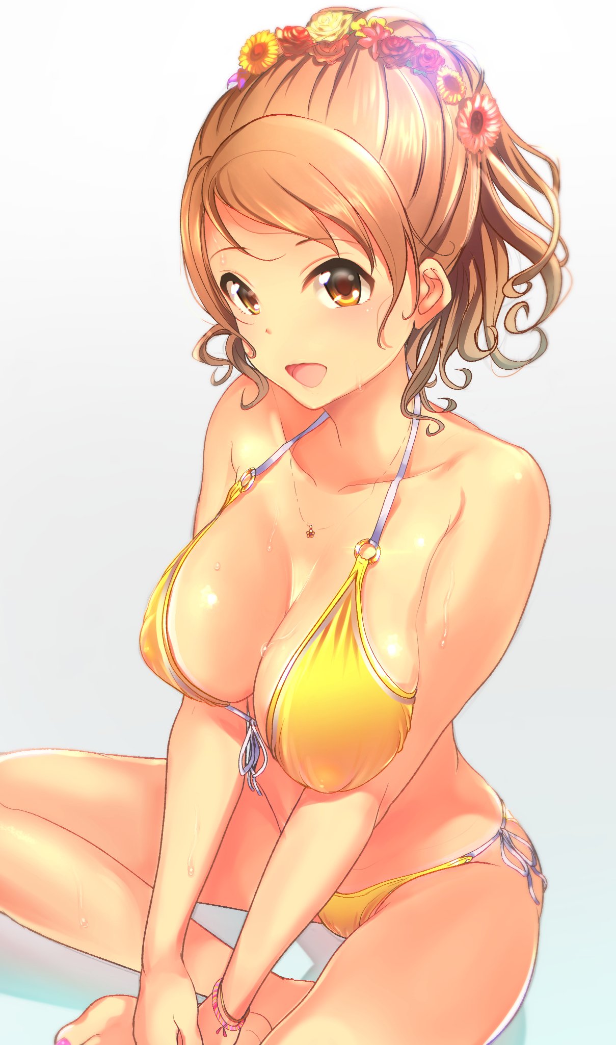 1girl, bikini, blush, breasts, brown_eyes, brown_hair, flower, front-tie_bikini