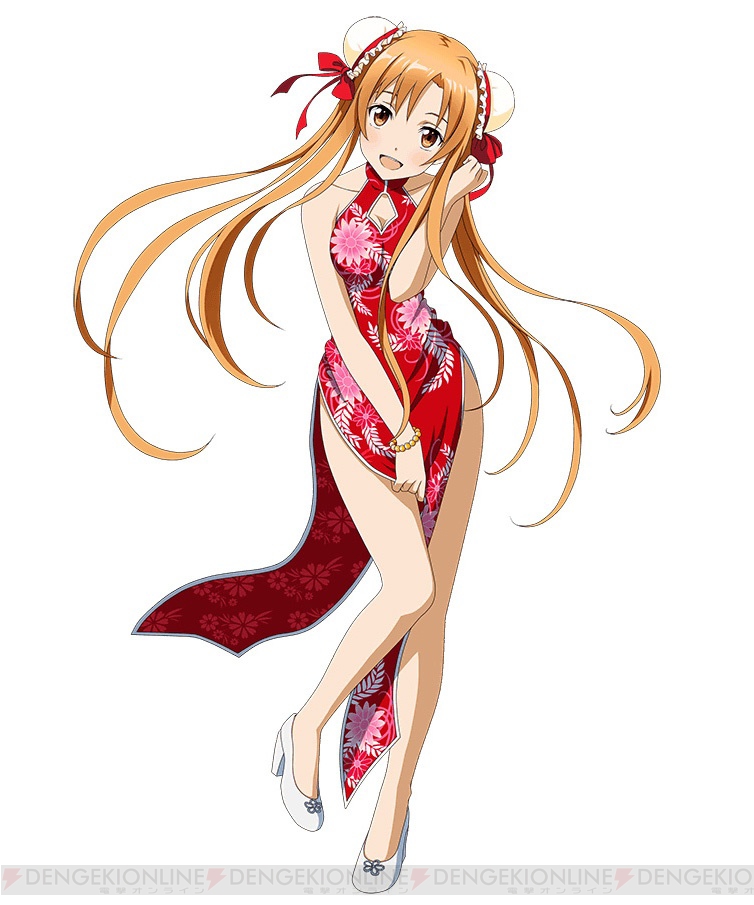1girl, asuna_(sao), breasts, brown_eyes, brown_hair, china_dress, chinese_clothes, cleavage, cleavage_cutout, dress, keyhole_neckline, long_hair, open_mouth, red_ribbon, ribbon, simple_background, solo, sword_art_online, sword_art_online:_code_register, watermark, white_background