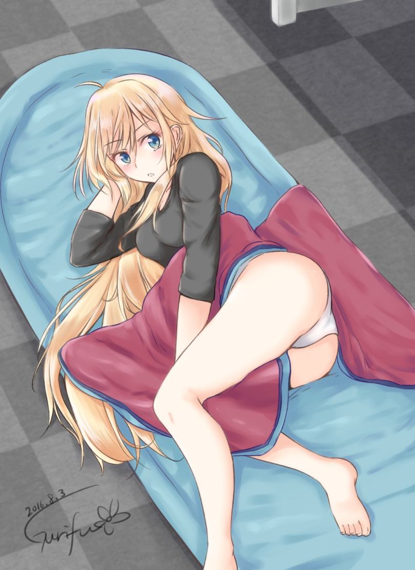 1girl, 2016, ass, blonde_hair, blue_eyes, blush, bottomless, dated