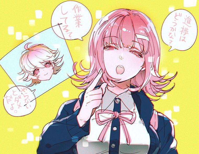 1boy, 1girl, alter_ego, brown_hair, dangan_ronpa, dangan_ronpa_1, fujisaki_chihiro, hair_ornament