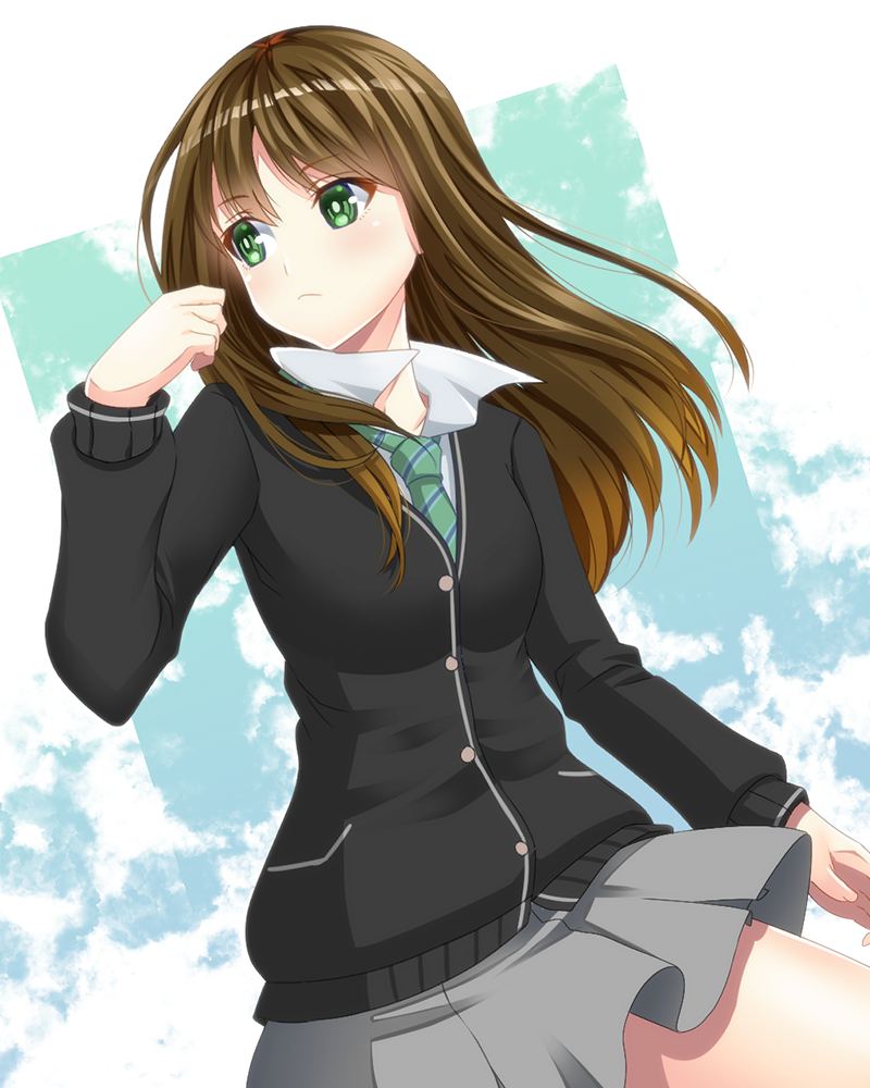 1girl, blush, brown_hair, cardigan, clouds, green_eyes, idolmaster, idolmaster_cinderella_girls