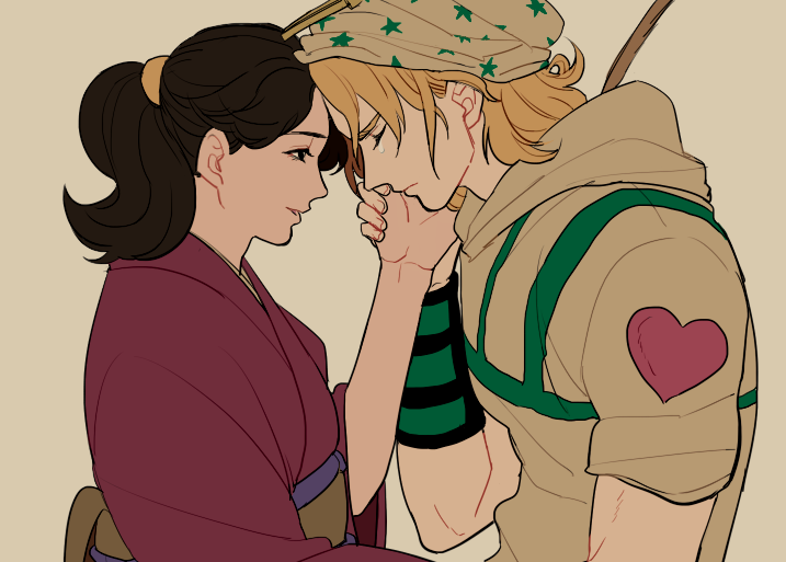 1boy, 1girl, black_hair, blonde_hair, closed_eyes, hand_on_another's_face, hat, hetero