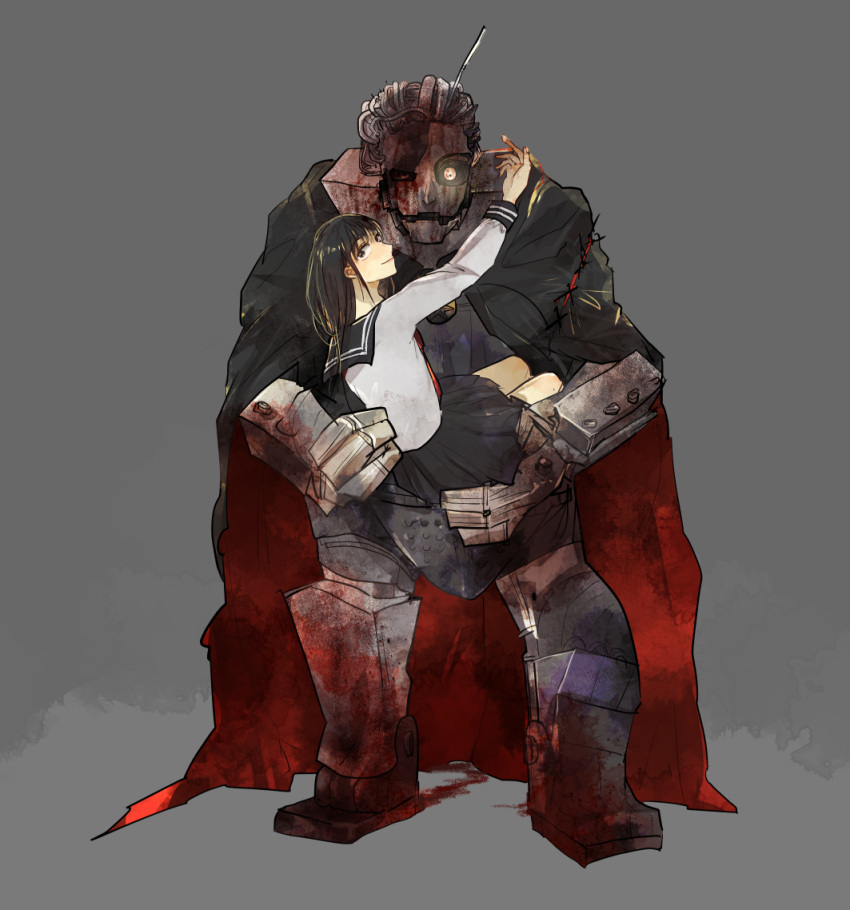 1girl, ari_(2e3), black_eyes, black_hair, black_legwear, blood, cape, carrying