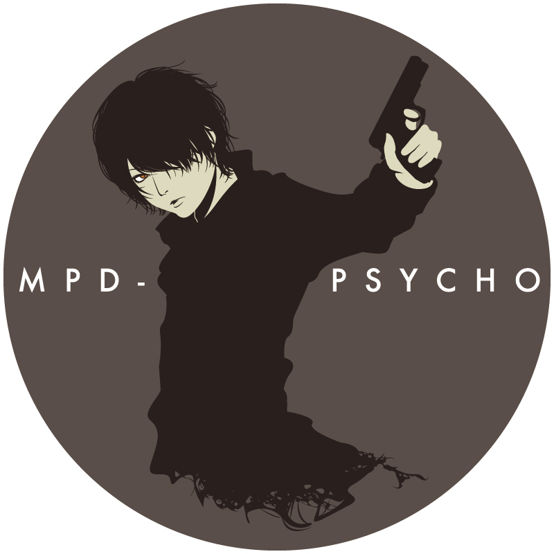 1boy, black_hair, brown_eyes, copyright_name, flat_color, gun, hair_over_one_eye, male_focus