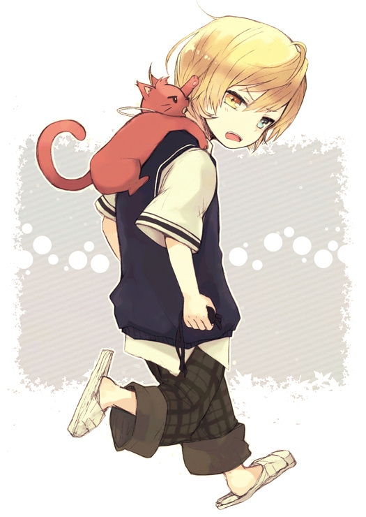 1boy, animal, animal_on_shoulder, animalization, blonde_hair, blue_eyes, blush, cat