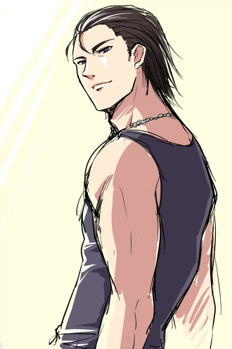 1boy, billy_coen, blue_eyes, brown_hair, dog_tags, looking_at_viewer, lowres, male_focus