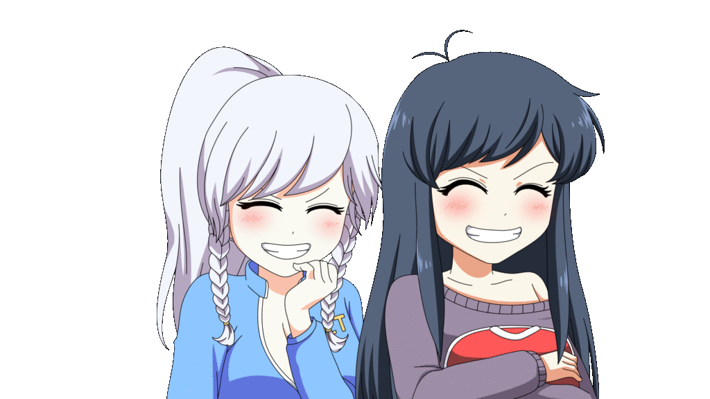 2girls, ahoge, animated, animated_gif, antenna_hair, bag, bare_shoulders, black_hair