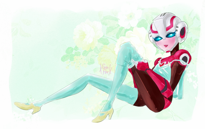 1girl, arcee, autobot, blue_eyes, blush, high_heels, lipstick, mecha_girl