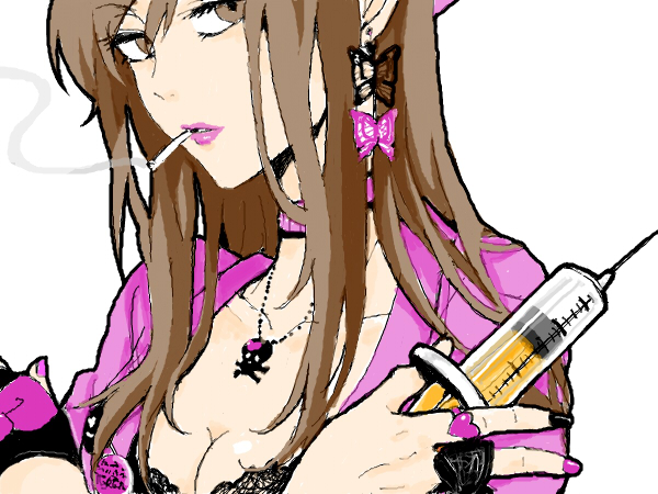 1girl, black_nails, breasts, brown_eyes, brown_hair, butterfly, choker, cigarette