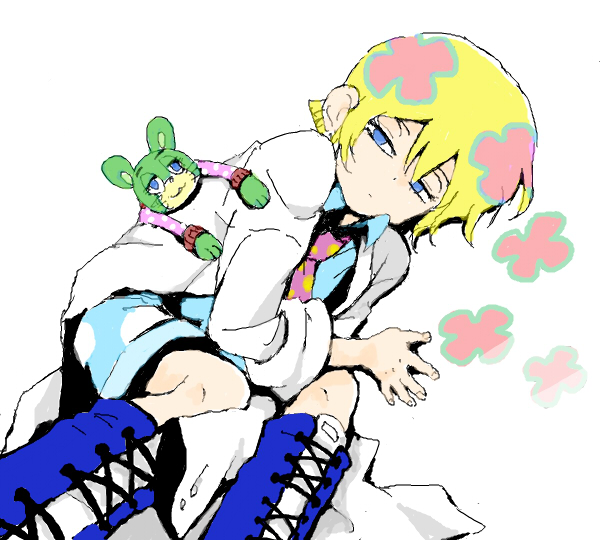 1boy, androgynous, bear, blonde_hair, boots, child, closed_mouth, dutch_angle
