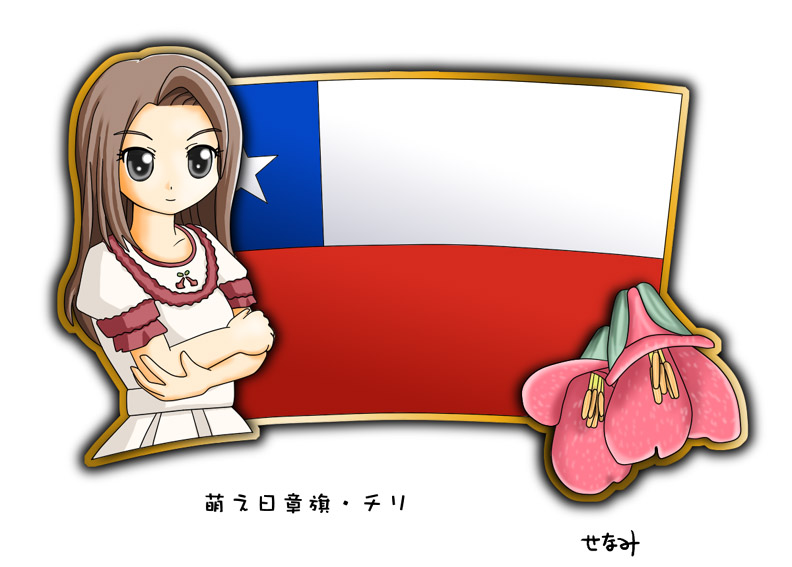 1girl, bellflower, brown_hair, chile, crossed_arms, flag, long_hair, murakami_senami
