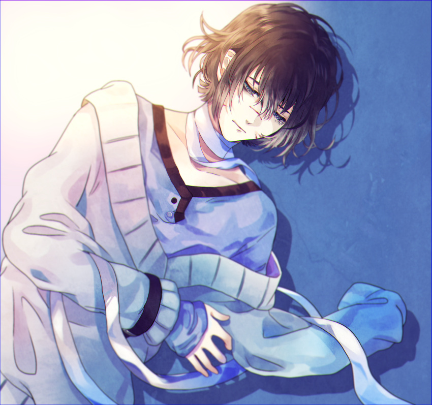 1boy, bandage, black_hair, blue_eyes, closed_mouth, collarbone, diabolik_lovers, ewmeto, half-closed_eyes, male_focus, mukami_azusa, solo, sweater, tears, upper_body