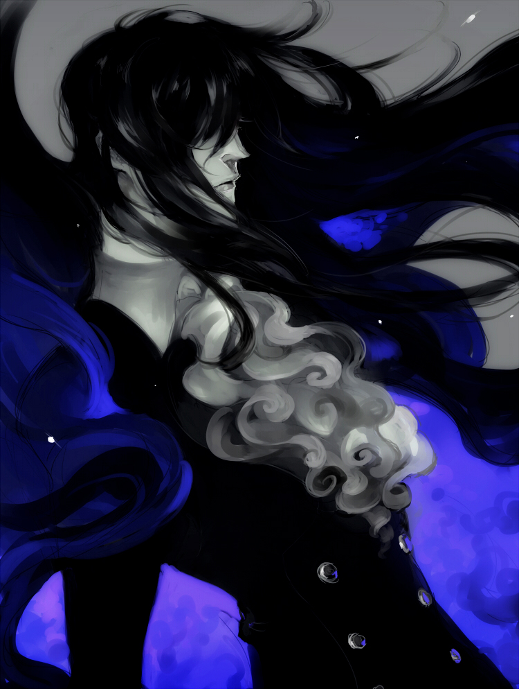 1boy, alternate_hair_length, ascot, black_hair, blue, collared_shirt, diabolik_lovers, grey_background