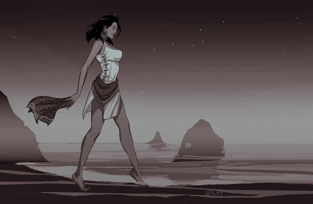 1girl, bandanna, bare_legs, bare_shoulders, barefoot, breasts, closed_eyes, dark_skin