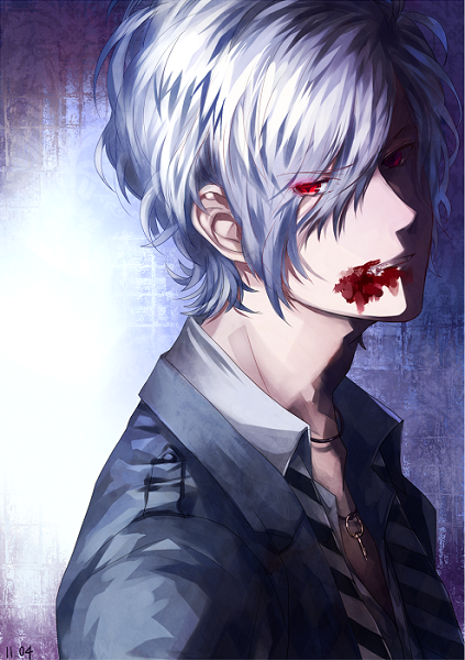 1boy, albino, blood, dated, diabolik_lovers, ewmeto, eyes_visible_through_hair, fangs, hair_over_one_eye, looking_at_viewer, male_focus, necklace, open_mouth, red_eyes, sakamaki_subaru, solo, unbuttoned, upper_body, vampire, white_hair