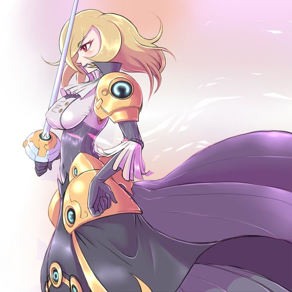 1girl, battleborn, blonde_hair, breasts, dress, gax, gloves, lipstick