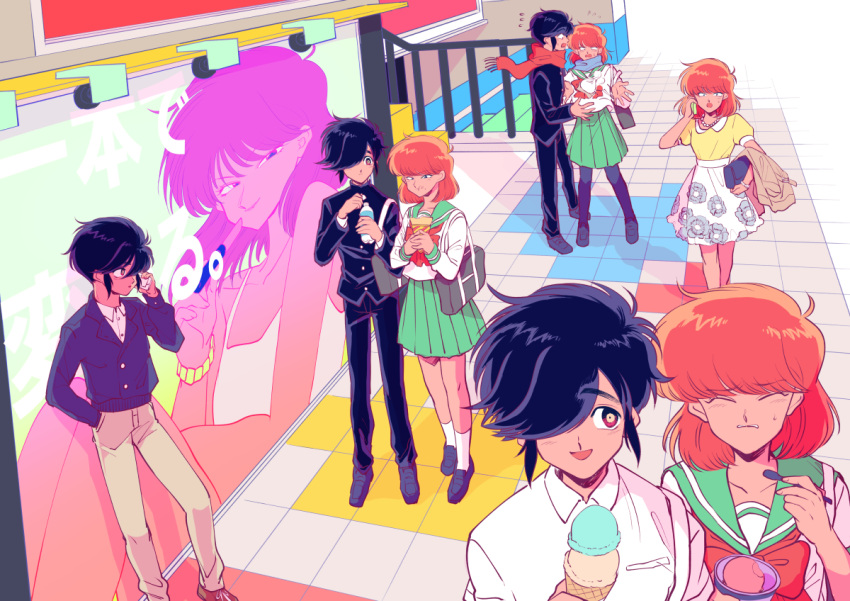 4boys, 4girls, billboard, black_hair, bottle, bow, brown_hair, casual