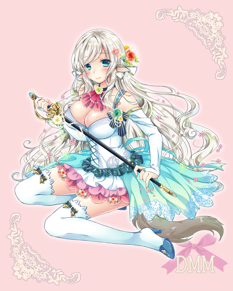 1girl, animal_ears, aqua_eyes, bare_shoulders, bent_knees, blush, boots, bow_legwear