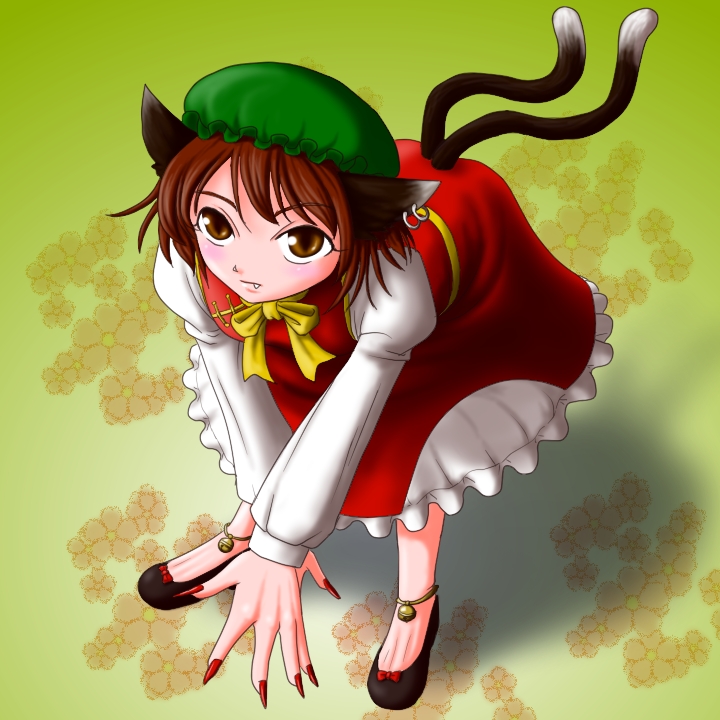brown_eyes, brown_hair, cat_ears, cat_tail, chen, earrings, fang, hat