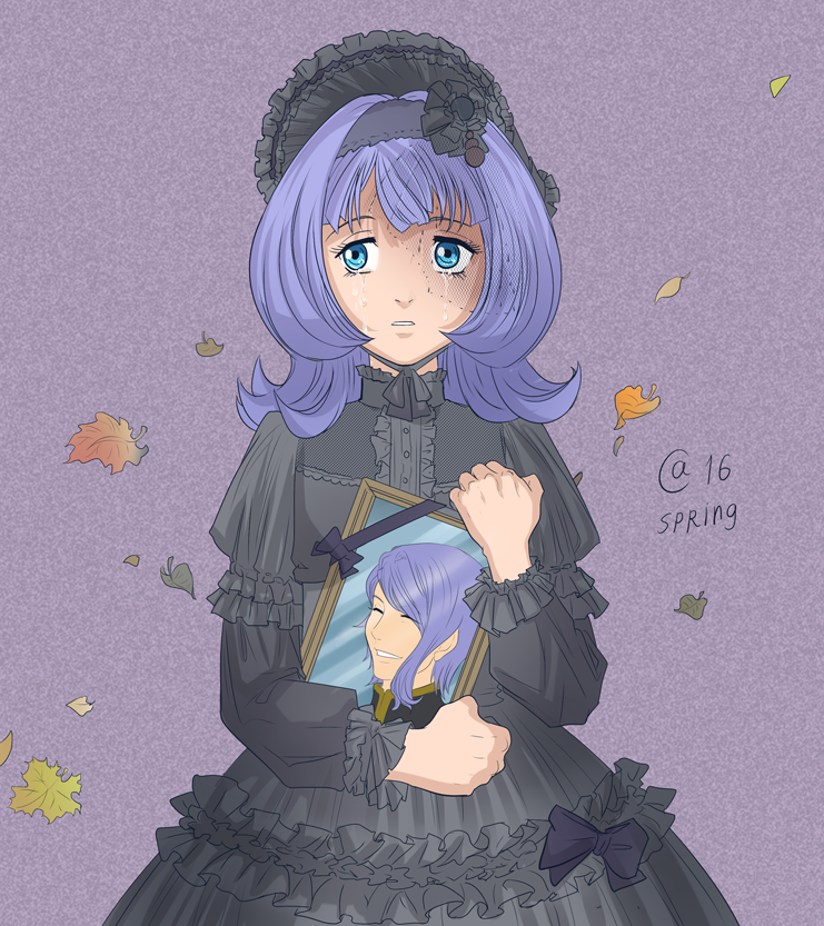 1girl, almiria_bauduin, black_dress, blue_eyes, bow, crying, dress, frilled_dress, frills, gaelio_bauduin, gothic_lolita, gundam, gundam_tekketsu_no_orphans, hairband, holding, leaf, lolita_fashion, lolita_hairband, photo_(object), purple_hair, ribbon, sasha_gladysh, solo, spoilers, streaming_tears, tears, veil
