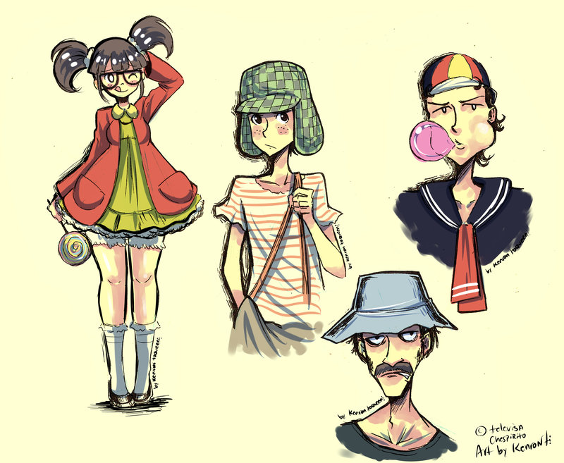 1girl, 3boys, baseball_cap, brown_hair, bubblegum, candy, chilindrina, don_ramon