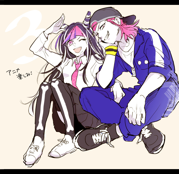 1boy, 1girl, ;), backwards_hat, bangs, baseball_cap, black_hair, black_legwear