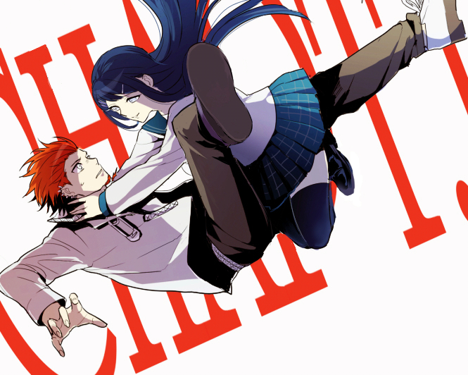 1boy, 1girl, asphyxiation, blue_hair, choking, dangan_ronpa, dangan_ronpa_1, earrings