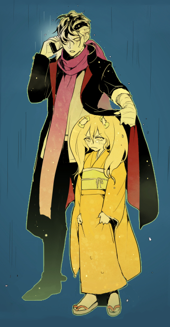 1boy, 1girl, bandaged_arm, blonde_hair, cellphone, dangan_ronpa, height_difference, japanese_clothes