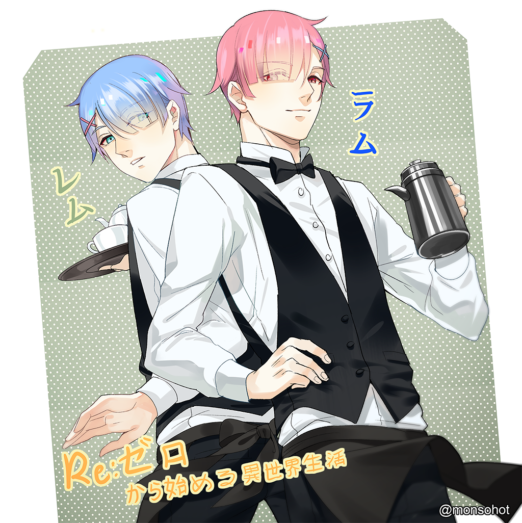 2boys, apron, back-to-back, blue_eyes, blue_hair, bow, bowtie, brothers, character_name, coffee_pot, copyright_name, cup, eyebrows, eyebrows_visible_through_hair, genderswap, genderswap_(ftm), hair_ornament, hair_over_one_eye, hairclip, looking_back, mon, multiple_boys, parted_lips, patterned_background, pink_hair, polka_dot, polka_dot_background, ram_(re:zero), re:zero_kara_hajimeru_isekai_seikatsu, red_eyes, rem_(re:zero), siblings, sisters, smile, teacup, teapot, tray, twins, twitter_username, waist_apron, waiter, x_hair_ornament