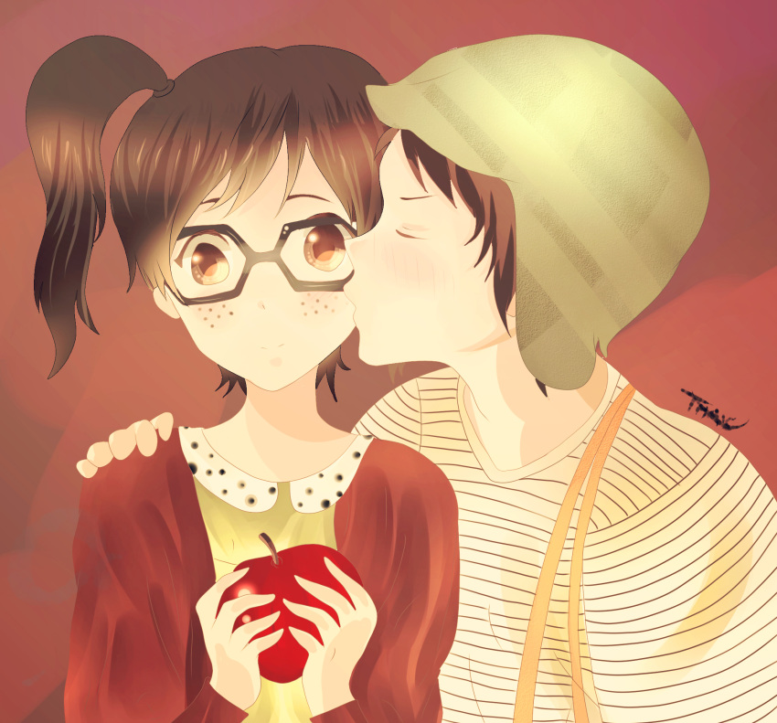 1boy, 1girl, apple, blush, brown_eyes, brown_hair, cheek_kiss, chilindrina