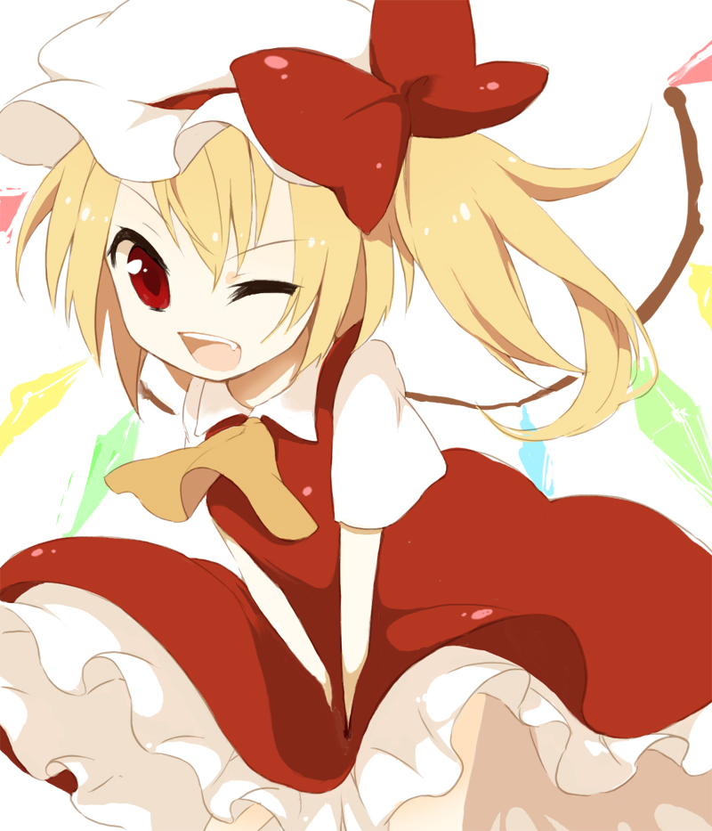bow, fang, flandre_scarlet, hat, red_eyes, ribbon, rin_(artist), rin_(royal)