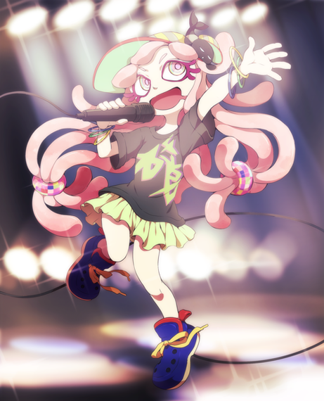 1girl, arm_up, baseball_cap, black_shirt, bracelet, dancing, dew-spiegel, drooling