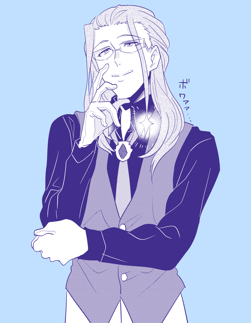 1boy, blue_background, blue_hair, cowboy_shot, glasses, gloves, kanzaki_(kusomiso), long_hair, looking_up, macross, macross_delta, male_focus, monochrome, necktie, roid_brehm, simple_background, smile, solo, waistcoat