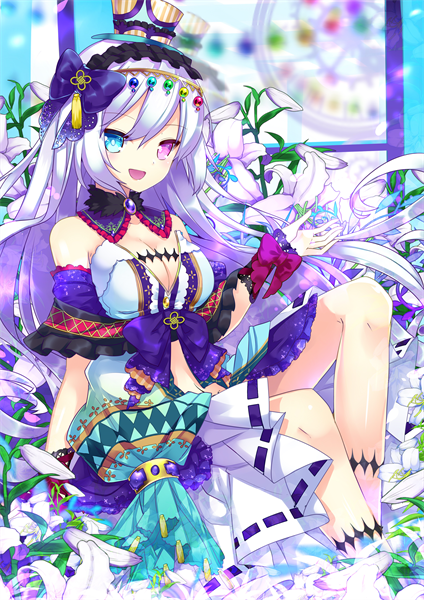 1girl, bangs, bare_shoulders, blue_eyes, bow, breasts, canon_(nyori), cleavage