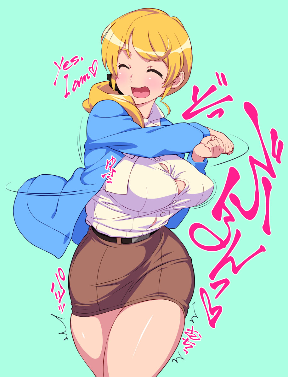 /\/\/\, 1girl, aqua_background, baker_at_bat, blonde_hair, blush, breasts, closed_eyes, ellen_baker, english, hair_ornament, hair_scrunchie, highres, large_breasts, long_hair, miniskirt, new_horizon, open_mouth, ponytail, red-p, scrunchie, simple_background, skindentation, skirt, solo, thick_thighs, thighs