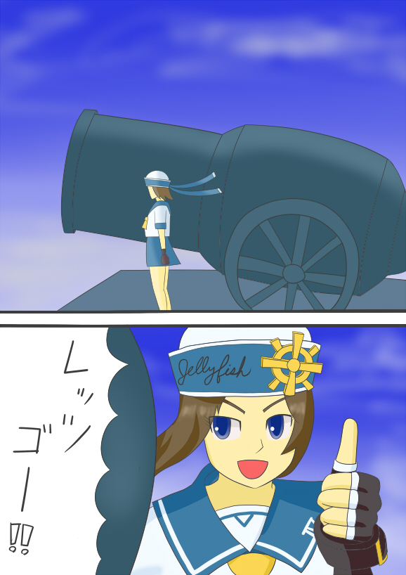 1girl, april_(guilty_gear), arc_system_works, artist_request, blue_eyes, brown_hair, cannon, comic
