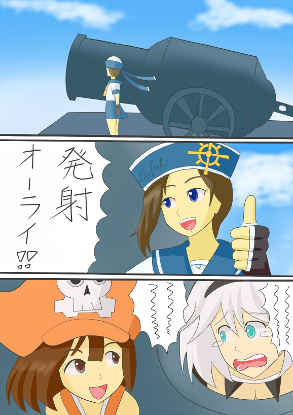 3girls, ahoge, april_(guilty_gear), aqua_eyes, arc_system_works, artist_request, bare_shoulders, blue_eyes