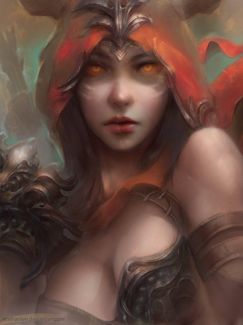 breasts, cleavage, demon_hunter, diablo, diablo_3, elbow_gloves, enshanlee, facial_mark