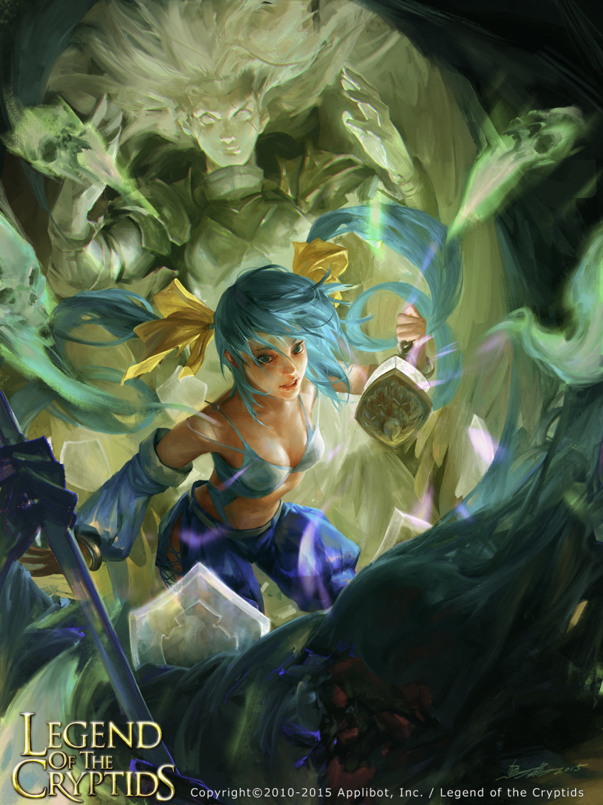 1girl, blue_bra, blue_eyes, blue_hair, blue_shorts, bra, breasts, character_request