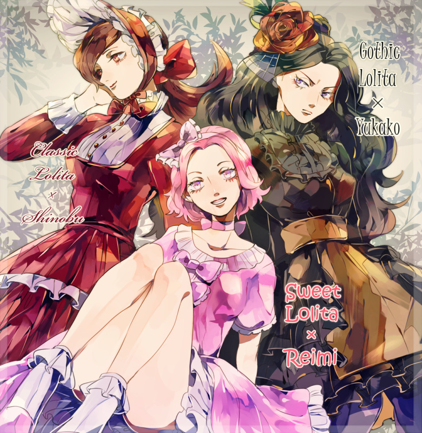 3girls, black_dress, black_hair, bow, brown_eyes, brown_hair, collarbone, dress