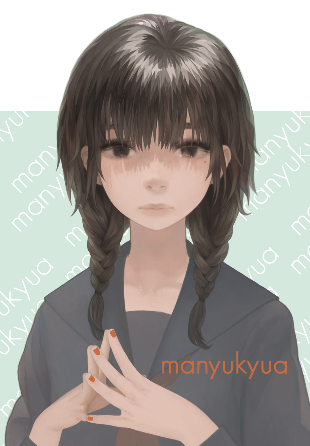 brown_eyes, brown_hair, expressionless, eyebrows, face, hands, highres, lips