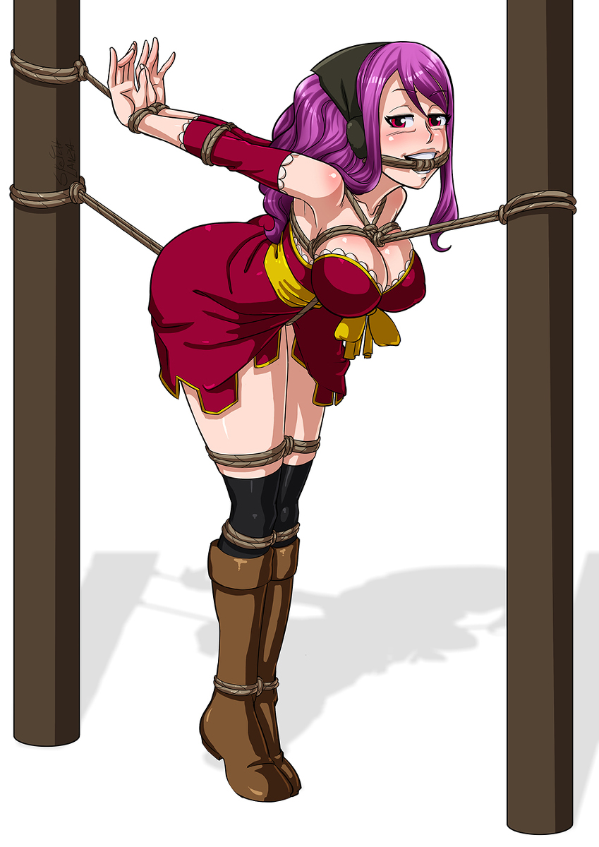 1girl, bdsm, blush, bondage, breasts, cleavage, earmuffs, fairy_tail, large_breasts, meredy_(fairy_tail), pink_hair, sketch_lanza, smile