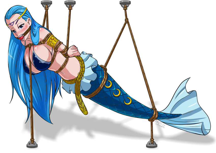 1girl, aquarius_(fairy_tail), ball_gag, blue_hair, blush, bondage, fairy_tail, gag
