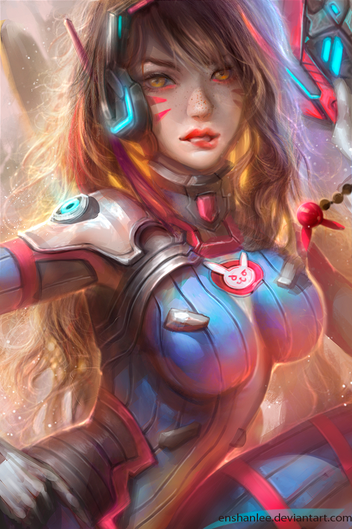 1girl, bangs, biting, bodysuit, breasts, brown_hair, bunny_print, d.va_(overwatch)