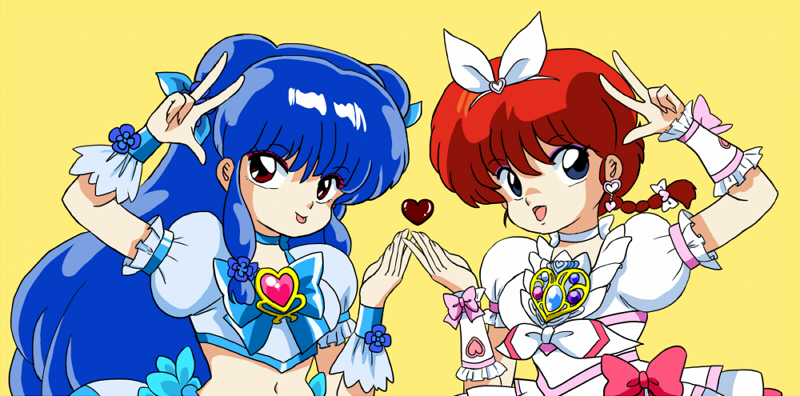 2girls, blue_hair, braid, cyocomi3, genderswap, heart, looking_at_viewer, multiple_girls