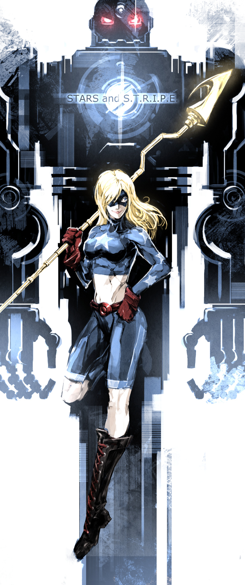 1girl, absurdres, belt, black_boots, blonde_hair, blue_eyes, boots, cross-laced_footwear