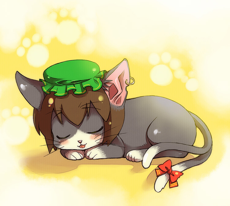 bad_id, brown_hair, cat, cat_ears, cat_tail, chen, chen_(cat), earrings